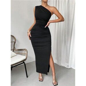 Solid Color Asymmetrical Collar Side Split Bodycon Dress